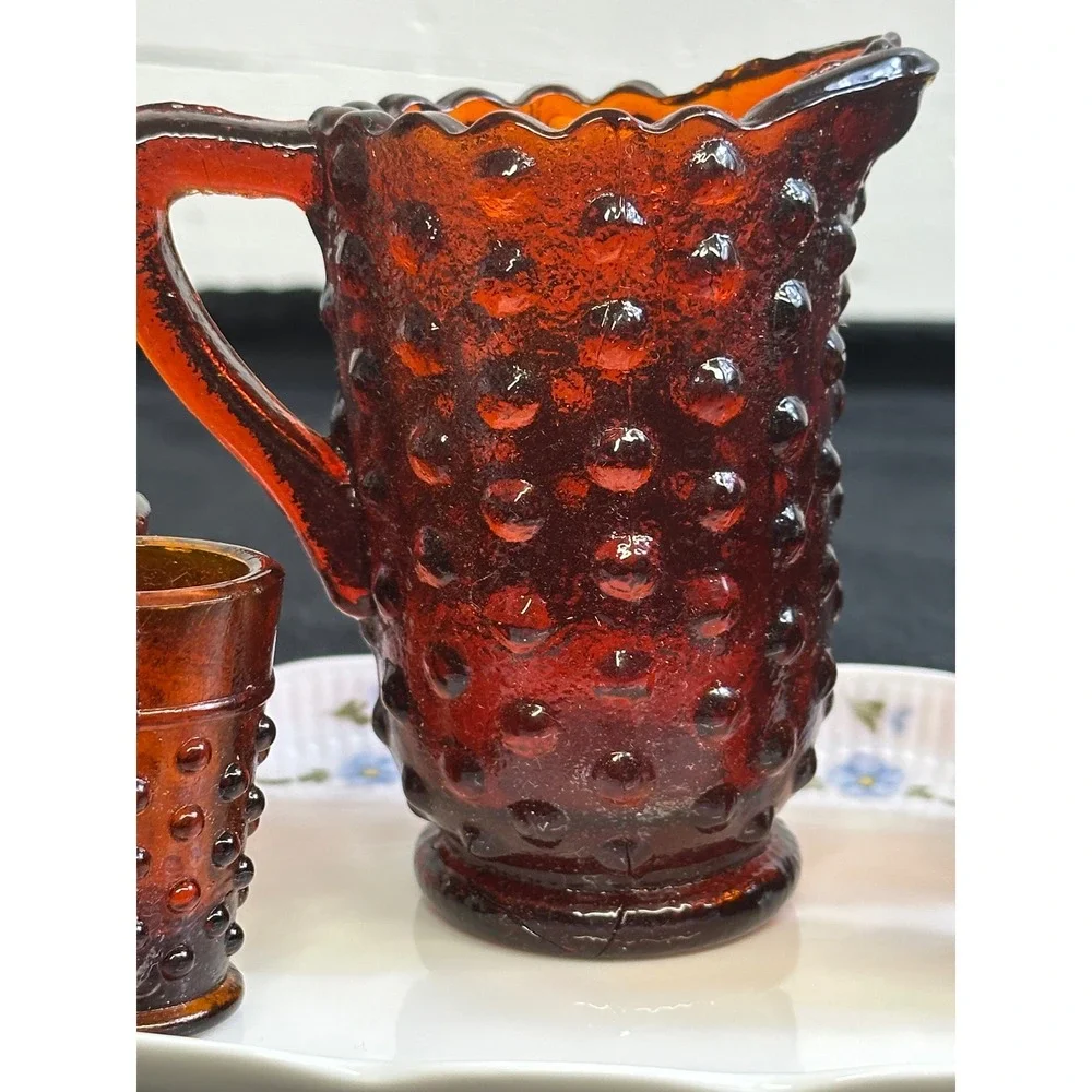 Amber Hobnail Glass Miniature Pitcher and 4 Shot Glasses Set Mid Century